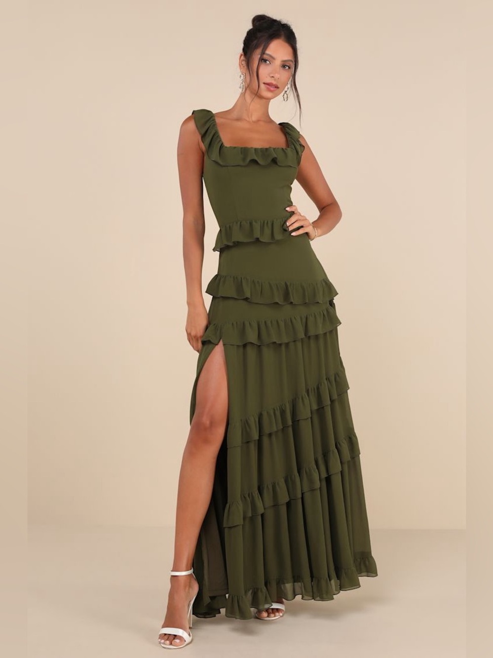 NEW Lulus Compelling Romantic Olive Green Ruffled Tiered Maxi Dress, Size Small
